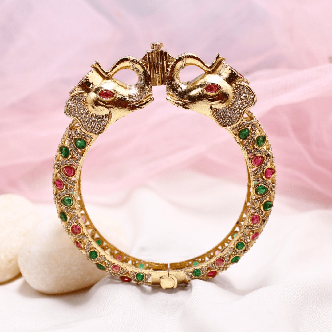 Rajwadi Emerald & Ruby Stone Elephant Kada – Antique Gold Finish Statement Kada
