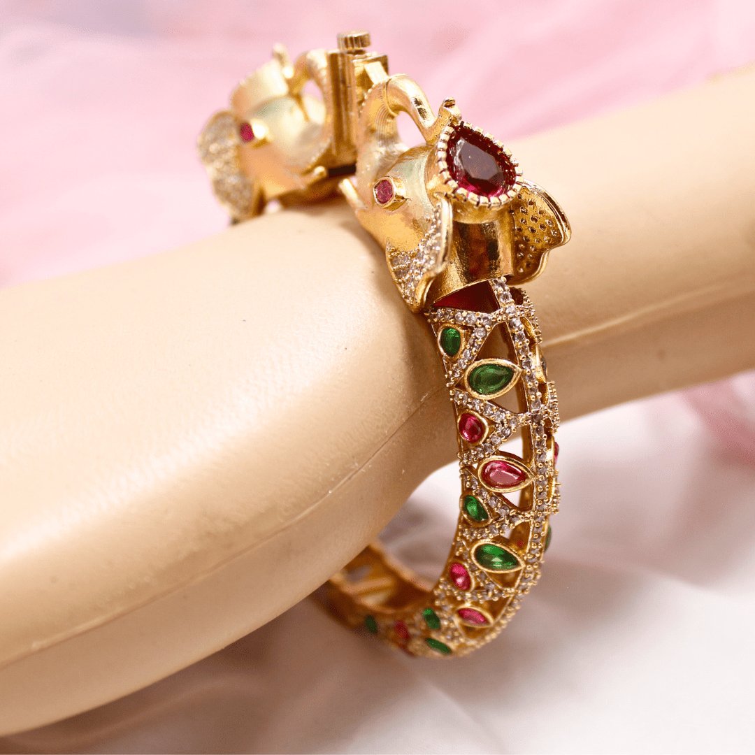 Rajwadi Emerald & Ruby Stone Elephant Kada – Antique Gold Finish Statement Kada