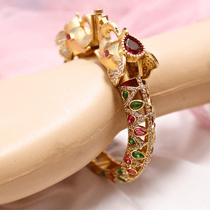 Rajwadi Emerald & Ruby Stone Elephant Kada – Antique Gold Finish Statement Kada