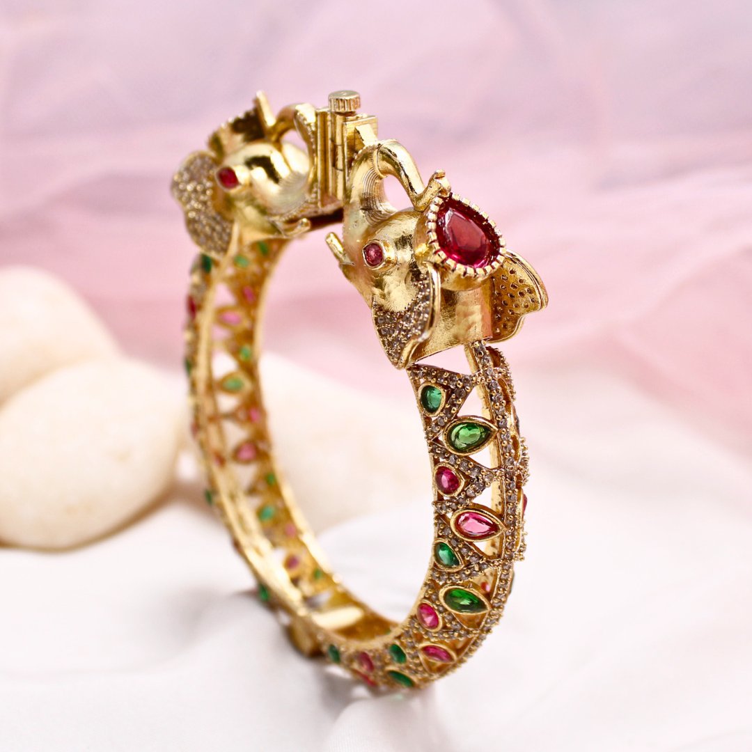Rajwadi Emerald & Ruby Stone Elephant Kada – Antique Gold Finish Statement Kada
