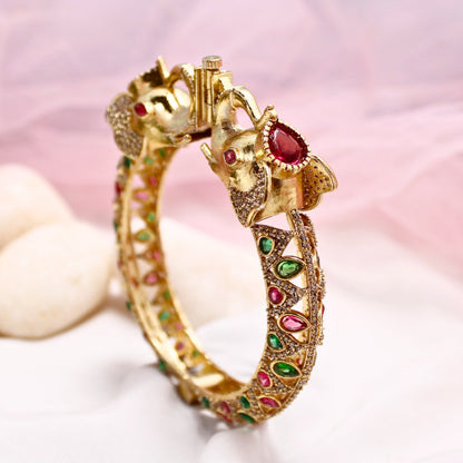 Rajwadi Emerald & Ruby Stone Elephant Kada – Antique Gold Finish Statement Kada