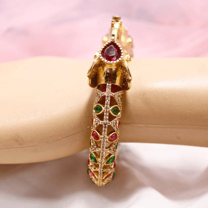 Rajwadi Emerald & Ruby Stone Elephant Kada – Antique Gold Finish Statement Kada