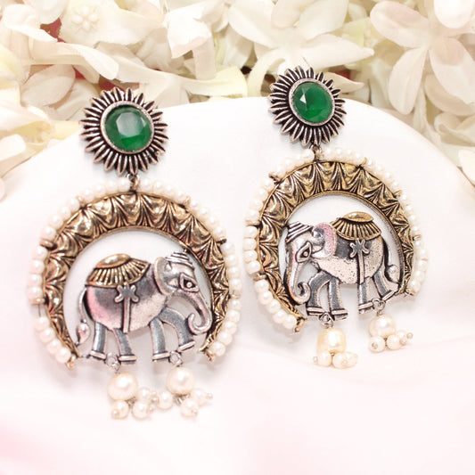 RAJWADI GAJ DUAL - TONE EARRING - GREEN