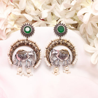 RAJWADI GAJ DUAL - TONE EARRING - GREEN
