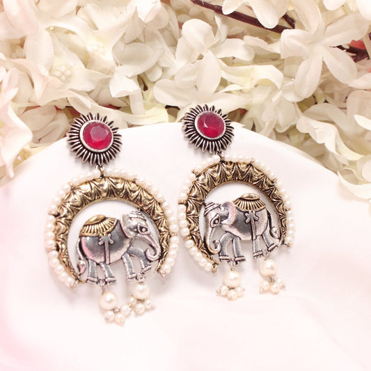RAJWADI GAJ DUAL - TONE EARRING - RED