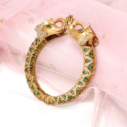 Rajwadi Green Stone Elephant Kada – Antique Gold Finish Statement Ka