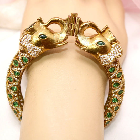 Rajwadi Green Stone Elephant Kada – Antique Gold Finish Statement Ka