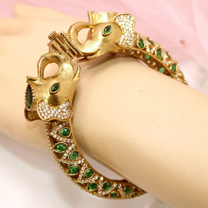 Rajwadi Green Stone Elephant Kada – Antique Gold Finish Statement Ka