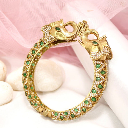 Rajwadi Green Stone Elephant Kada – Antique Gold Finish Statement Ka