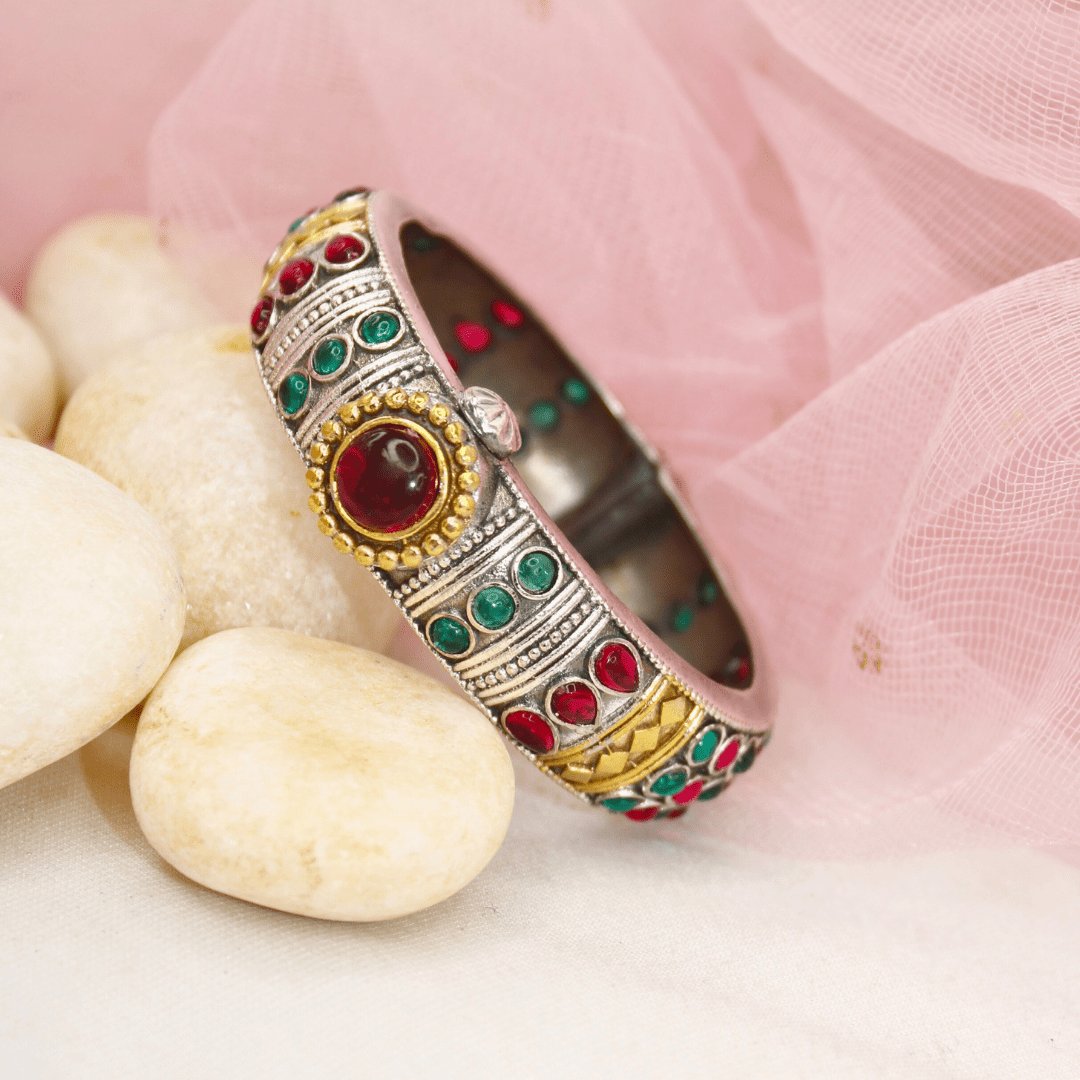 Rajwadi Kada – Vintage Heritage Kada with Traditional Red-Green Ston