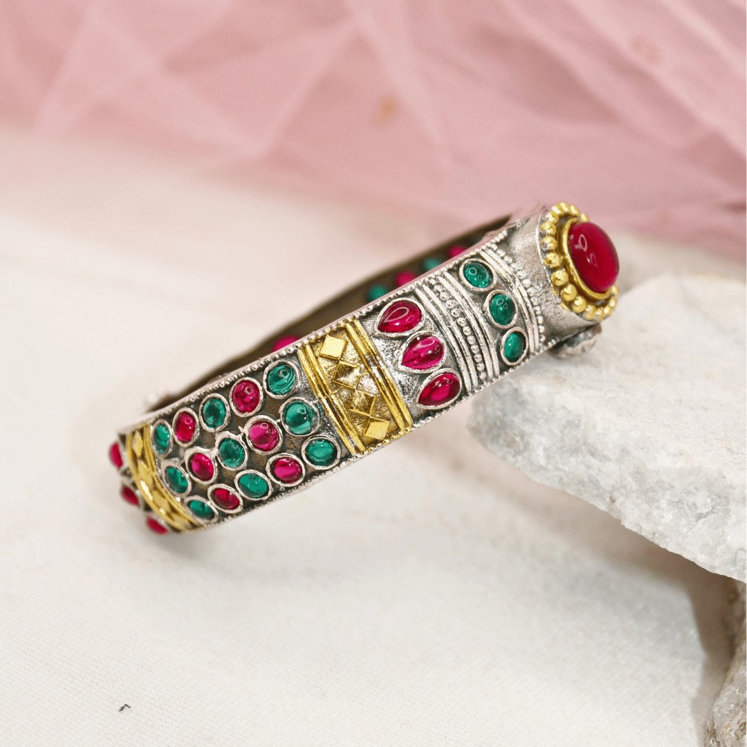 Rajwadi Kada – Vintage Heritage Kada with Traditional Red-Green Ston