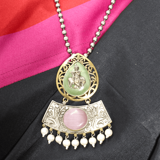 RAJWADI KRISHNA COW MOTIF PENDANT SET – GREEN & PINK STONE OXIDISED TEMPLE JEWELRY
