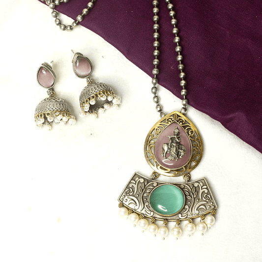RAJWADI KRISHNA COW MOTIF PENDANT SET – LAVENDER & MINT TEMPLE JEWELRY WITH PEARL JHUMKAS