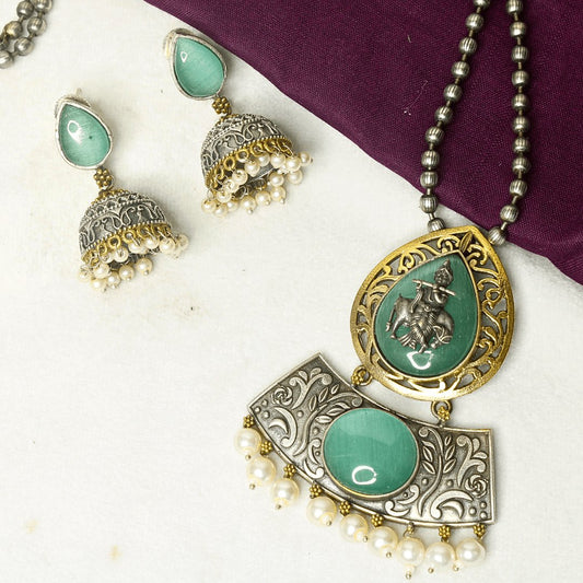 RAJWADI KRISHNA COW MOTIF PENDANT SET – SEA GREEN OXIDISED TEMPLE JEWELRY WITH JHUMKAS