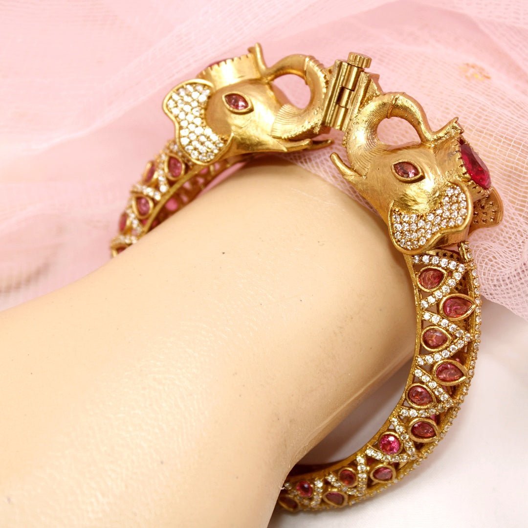 Rajwadi Ruby Stone Elephant Kada – Antique Gold Finish Statement Ka