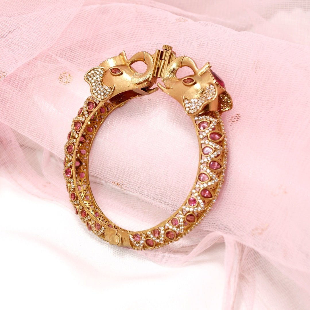 Rajwadi Ruby Stone Elephant Kada – Antique Gold Finish Statement Ka