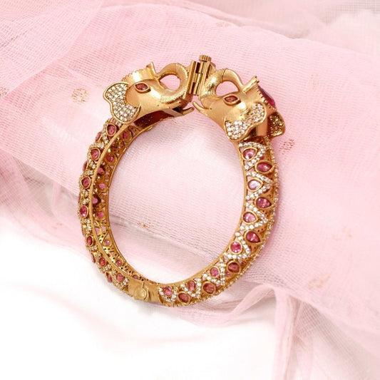 Rajwadi Ruby Stone Elephant Kada – Antique Gold Finish Statement Ka