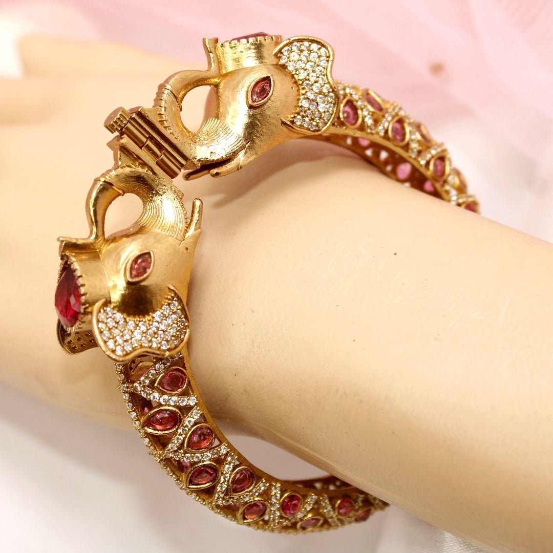 Rajwadi Ruby Stone Elephant Kada – Antique Gold Finish Statement Ka