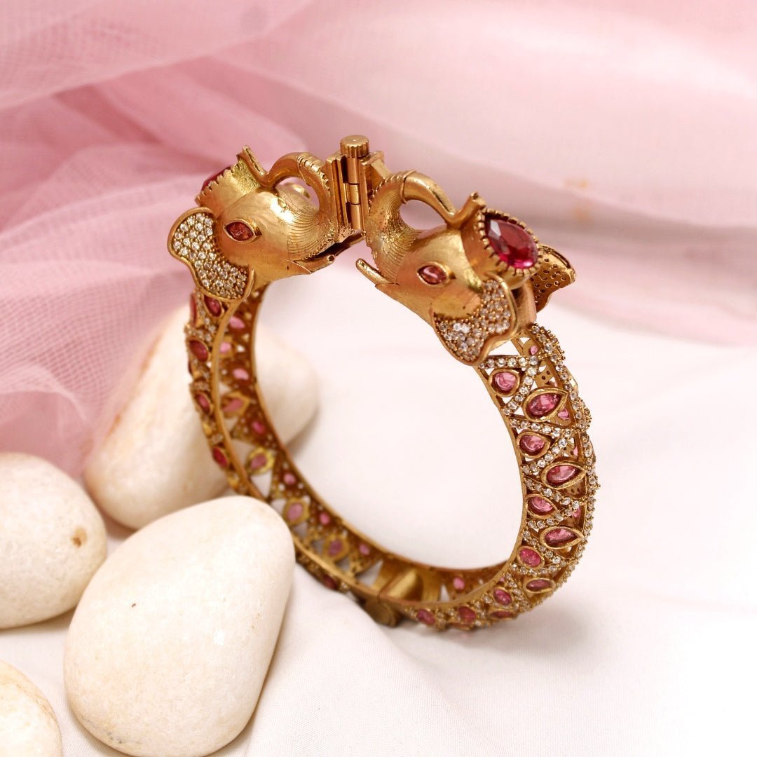 Rajwadi Ruby Stone Elephant Kada – Antique Gold Finish Statement Ka