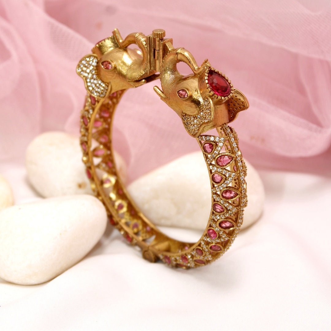 Rajwadi Ruby Stone Elephant Kada – Antique Gold Finish Statement Ka