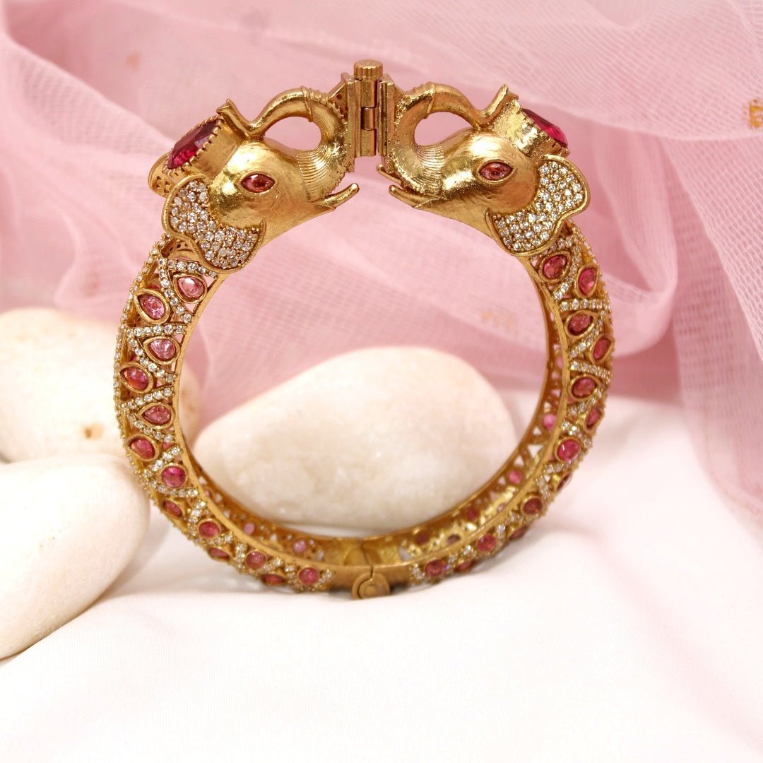 Rajwadi Ruby Stone Elephant Kada – Antique Gold Finish Statement Ka
