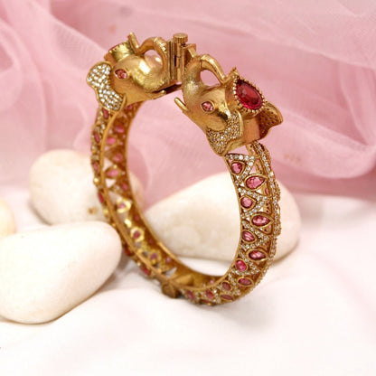 Rajwadi Ruby Stone Elephant Kada – Antique Gold Finish Statement Ka