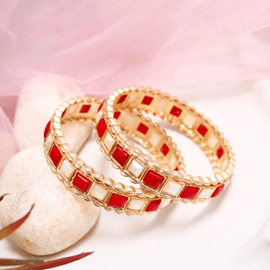Rajwadi Square Coral Red & White Stone Bangles Set of 2