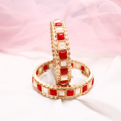 Rajwadi Square Coral Red & White Stone Bangles Set of 2