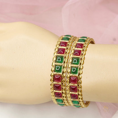 Rajwadi Square-Stone Kada  Emerald Green & Ruby Red