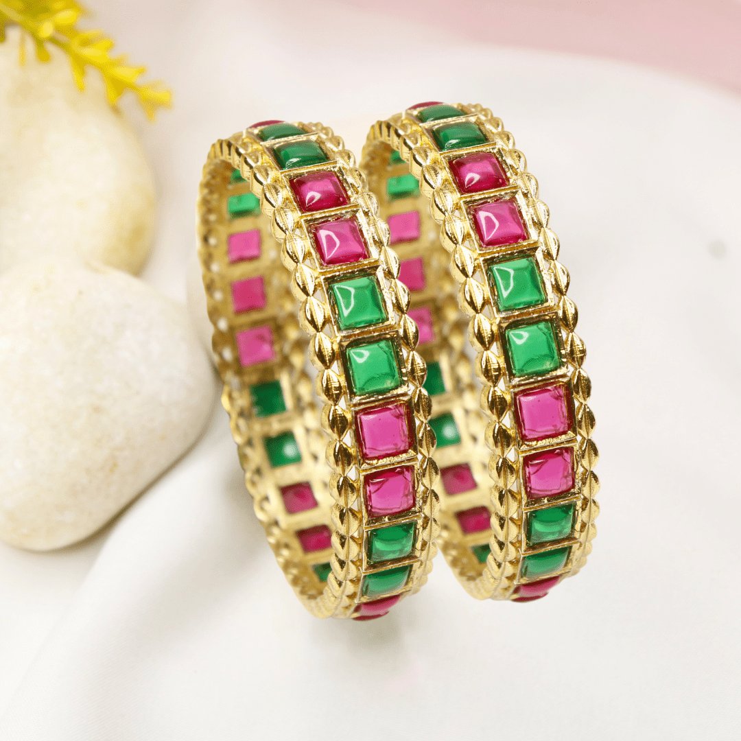 Rajwadi Square-Stone Kada  Emerald Green & Ruby Red