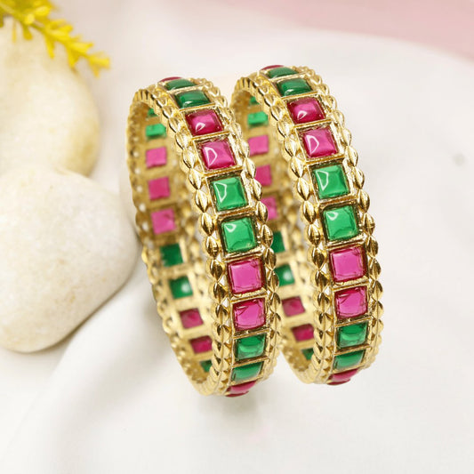 Rajwadi Square-Stone Kada  Emerald Green & Ruby Red