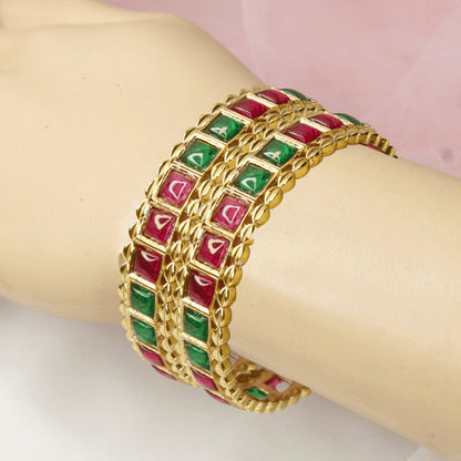 Rajwadi Square-Stone Kada  Emerald Green & Ruby Red