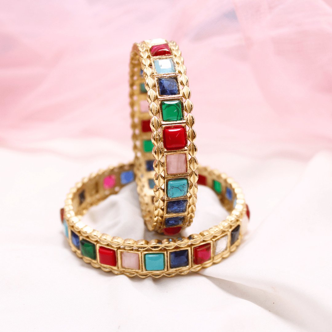 Rajwadi Square Stone Navratan Bangles Set of 2 – Gold Plated Multi-Stone Traditional Bangles