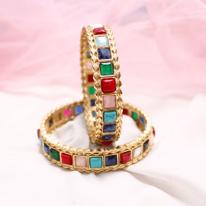 Rajwadi Square Stone Navratan Bangles Set of 2 – Gold Plated Multi-Stone Traditional Bangles