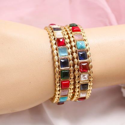 Rajwadi Square Stone Navratan Bangles Set of 2 – Gold Plated Multi-Stone Traditional Bangles