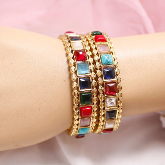 Rajwadi Square Stone Navratan Bangles Set of 2 – Gold Plated Multi-Stone Traditional Bangles