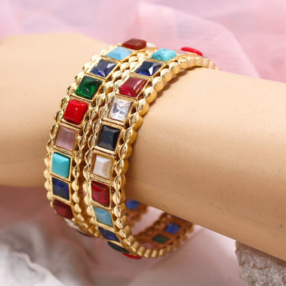 Rajwadi Square Stone Navratan Bangles Set of 2 – Gold Plated Multi-Stone Traditional Bangles