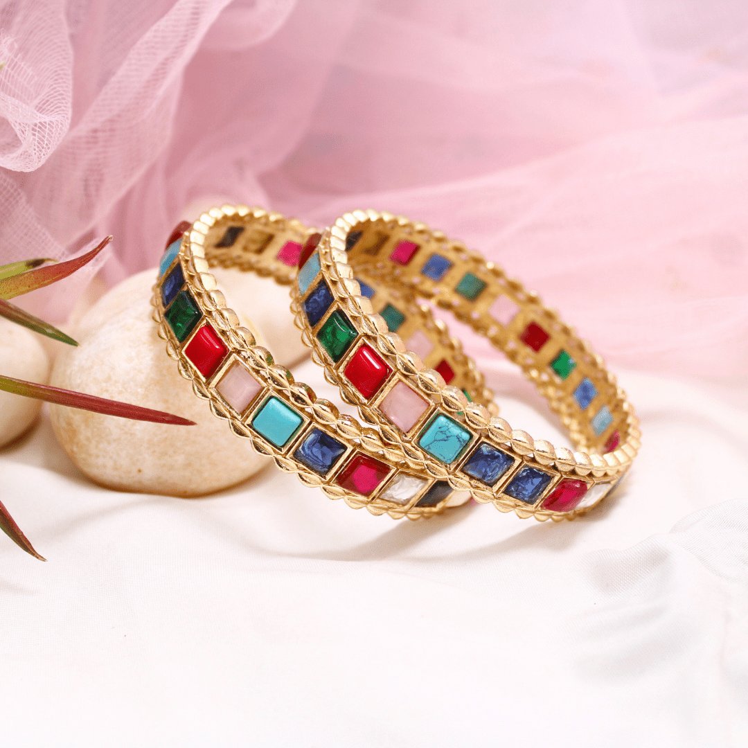 Rajwadi Square Stone Navratan Bangles Set of 2 – Gold Plated Multi-Stone Traditional Bangles