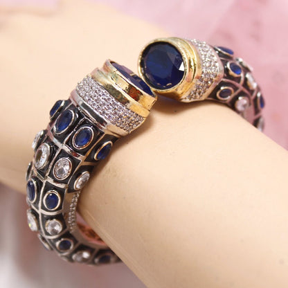 Rajwadi Stone & Meenakari Kada Blue & White – Gold Plated