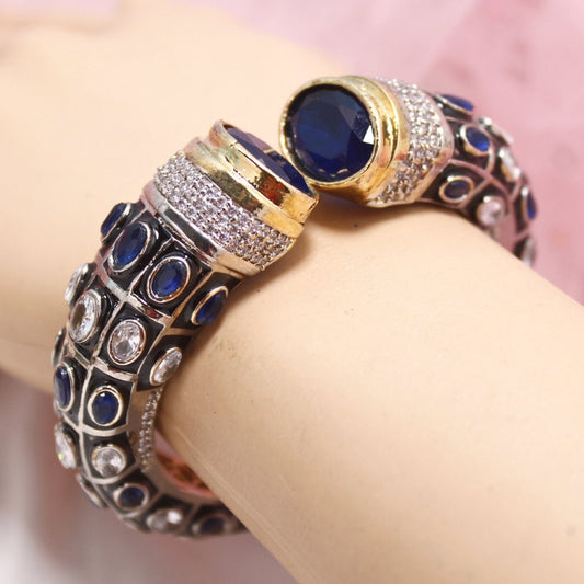 Rajwadi Stone & Meenakari Kada Blue & White – Gold Plated