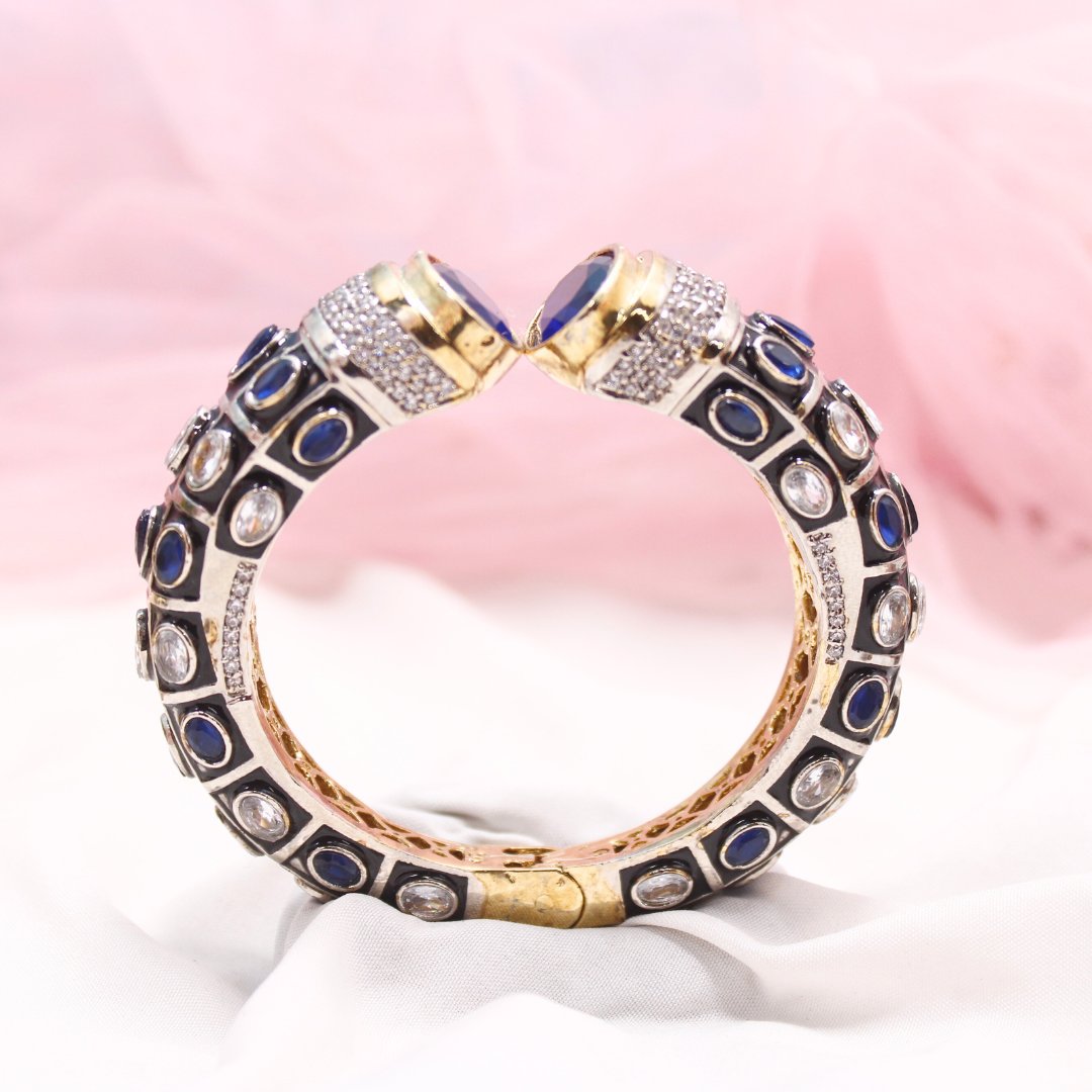 Rajwadi Stone & Meenakari Kada Blue & White – Gold Plated