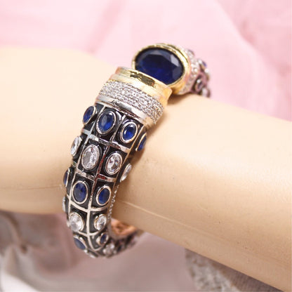 Rajwadi Stone & Meenakari Kada Blue & White – Gold Plated