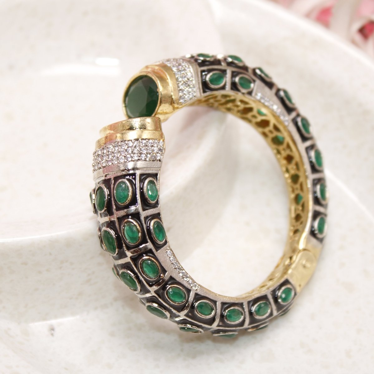 RAJWADI STONE & MEENAKARI KADA GOLD PLATED-GREEN