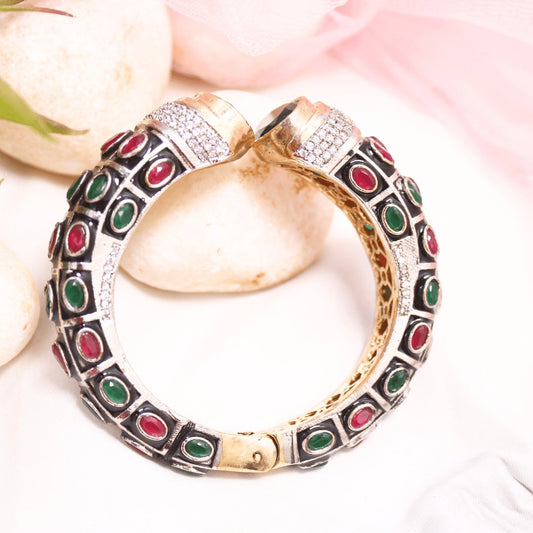 Rajwadi Stone & Meenakari Kada – Gold Plated Green & Red Openable Bangle