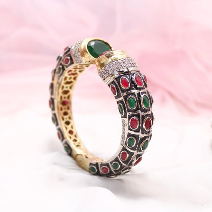 Rajwadi Stone & Meenakari Kada – Gold Plated Green & Red Openable Bangle
