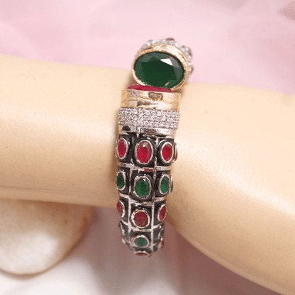 Rajwadi Stone & Meenakari Kada – Gold Plated Green & Red Openable Bangle