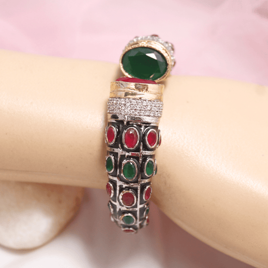 Rajwadi Stone & Meenakari Kada – Gold Plated Green & Red Openable Bangle