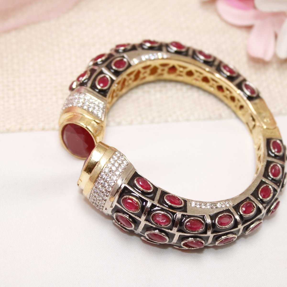 RAJWADI STONE & MEENAKARI KADA GOLD PLATED-RED