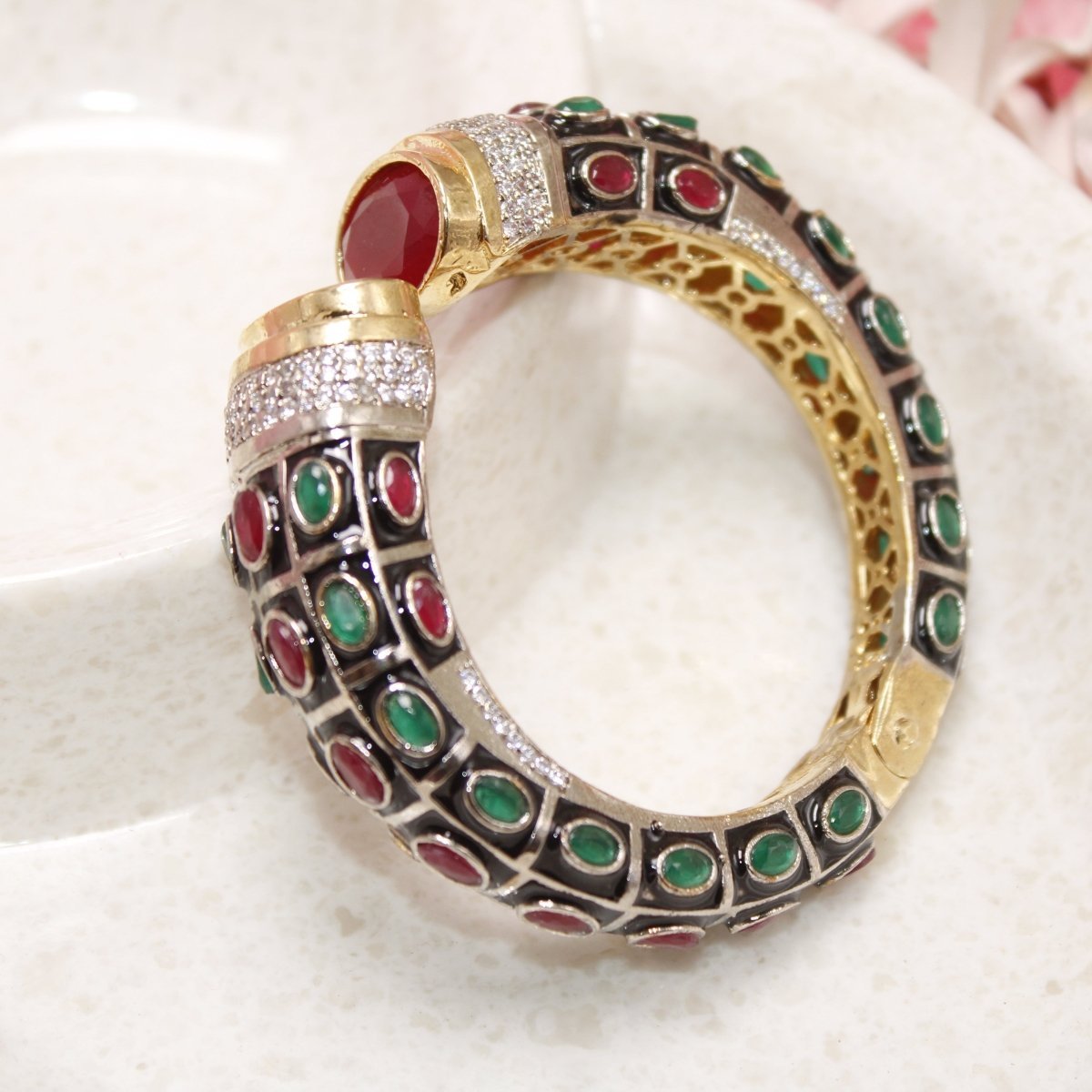 RAJWADI STONE & MEENAKARI KADA GOLD PLATED-RED & GREEN