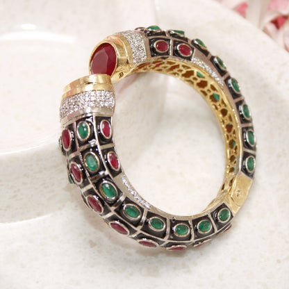 RAJWADI STONE & MEENAKARI KADA GOLD PLATED-RED & GREEN